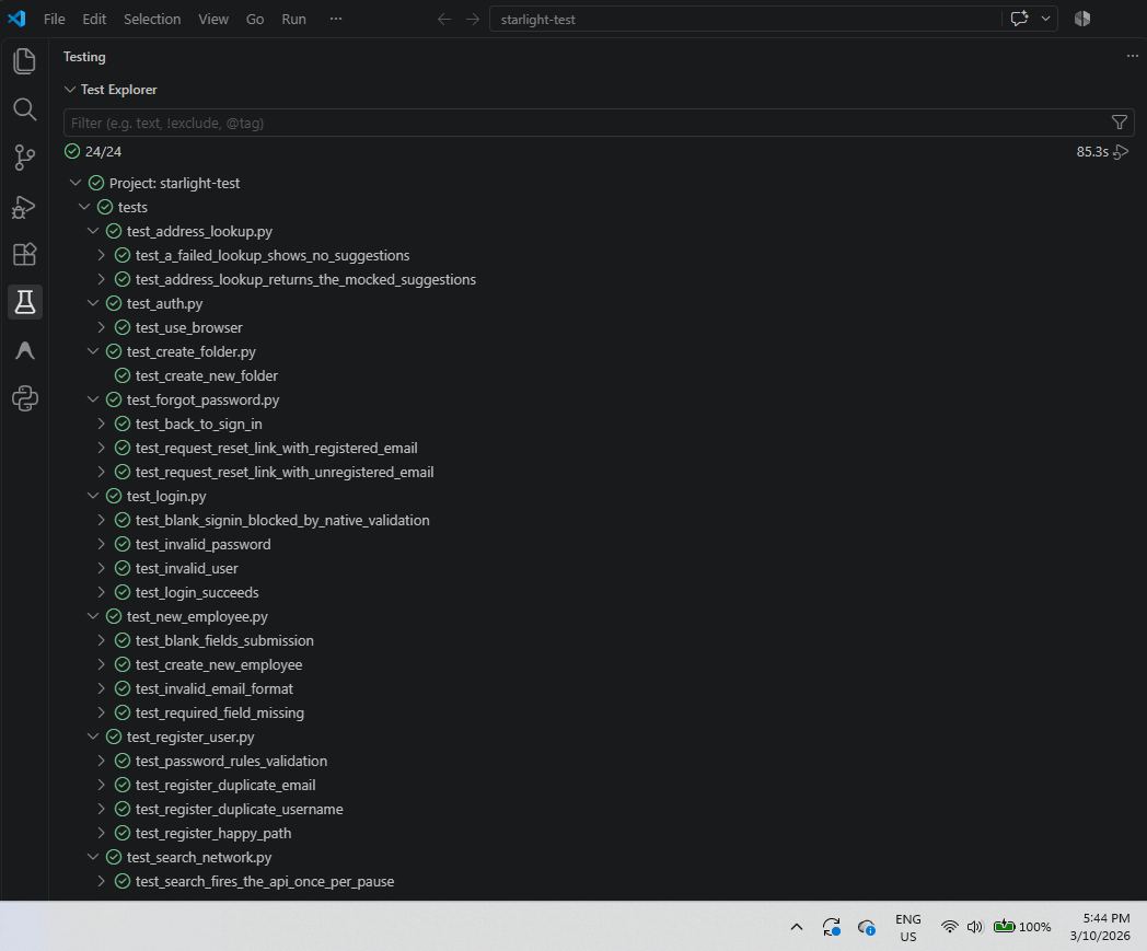 A test explorer showing 24 of 24 Python tests passing, across tests for login, registration, password reset, address lookup and search